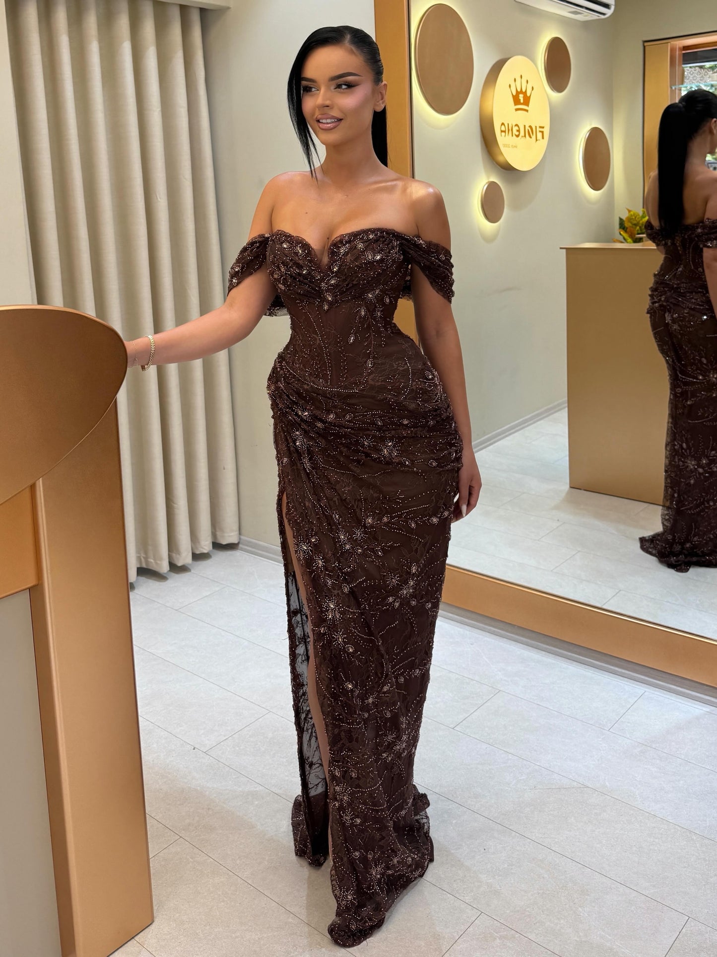 Off-the-Shoulder Beaded Lace Corset Gown