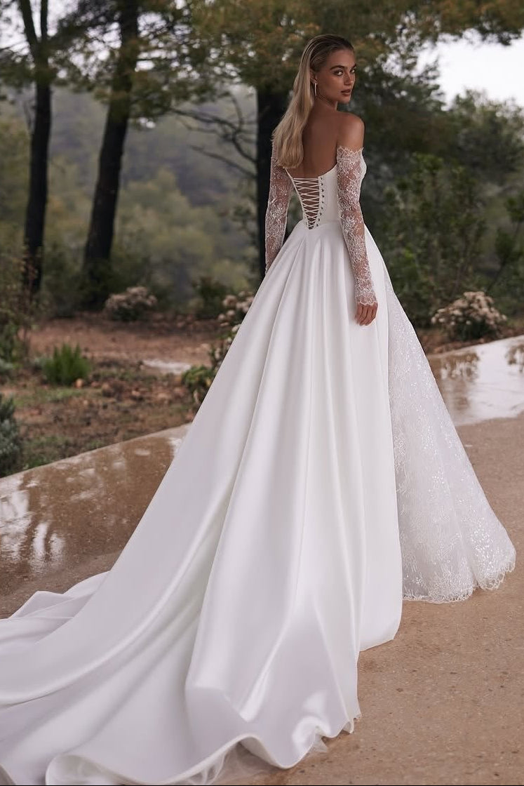 Lace-Sleeve Ball Gown with Overskirt & Slit