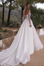 Lace-Sleeve Ball Gown with Overskirt & Slit