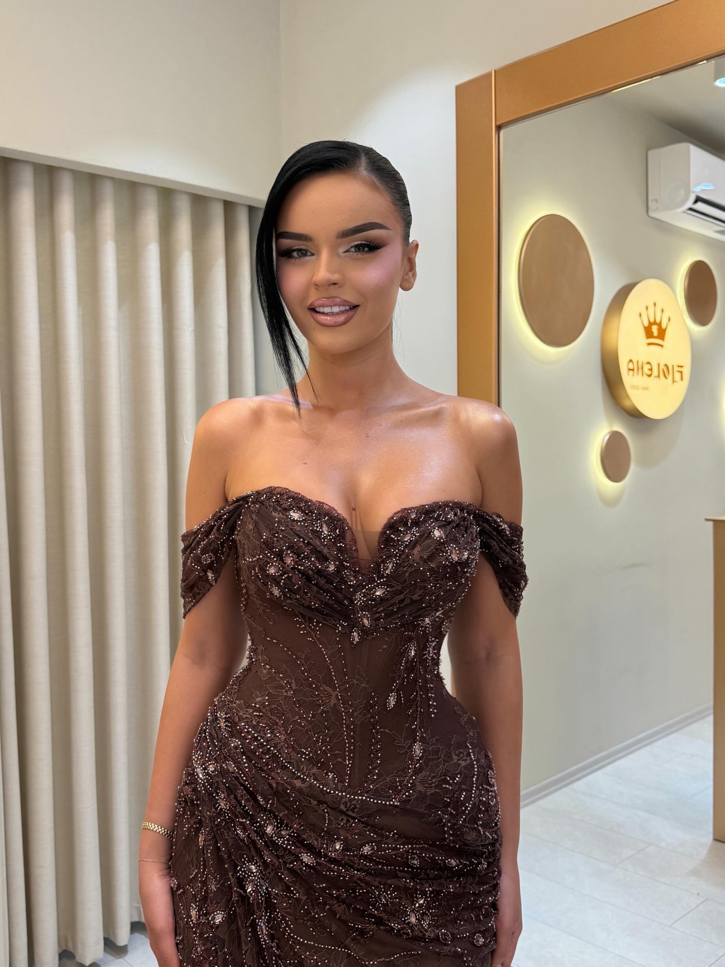 Off-the-Shoulder Beaded Lace Corset Gown