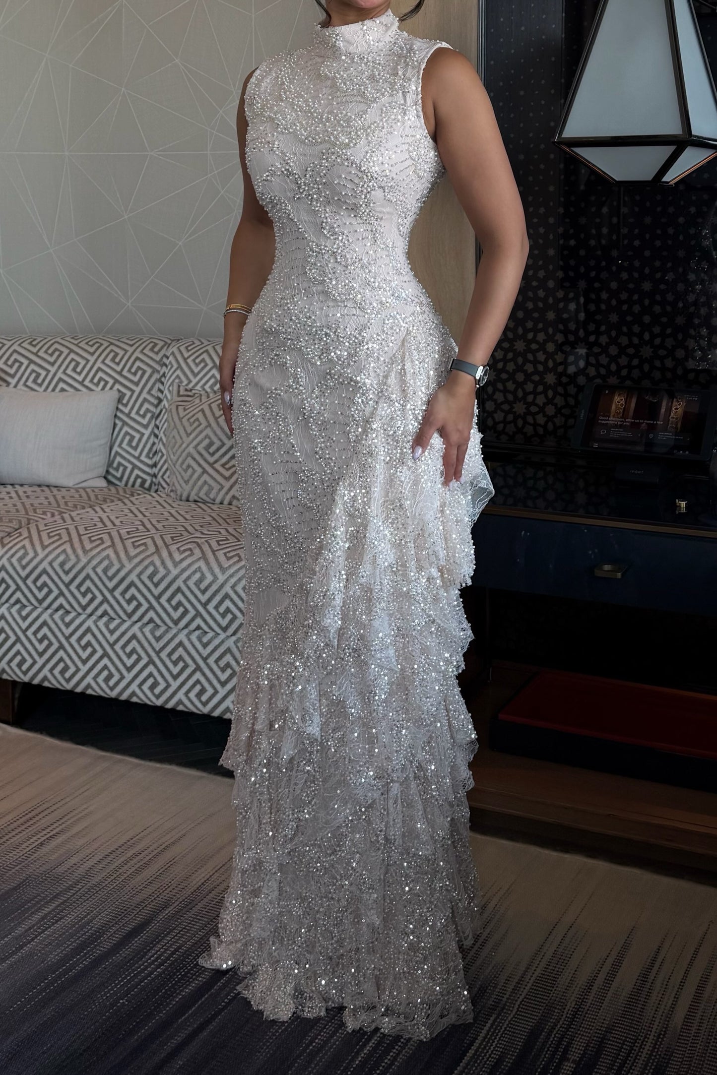 High Neck Beaded Maxi Dress with Tiered Ruffles