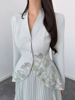 Long Sleeve Embellished Peplum Jacket & Pleated Skirt Set