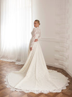 High-Neck Lace A-Line Wedding Dress with Long Sleeves