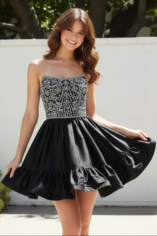 Strapless Beaded Corset Taffeta Mini Dress