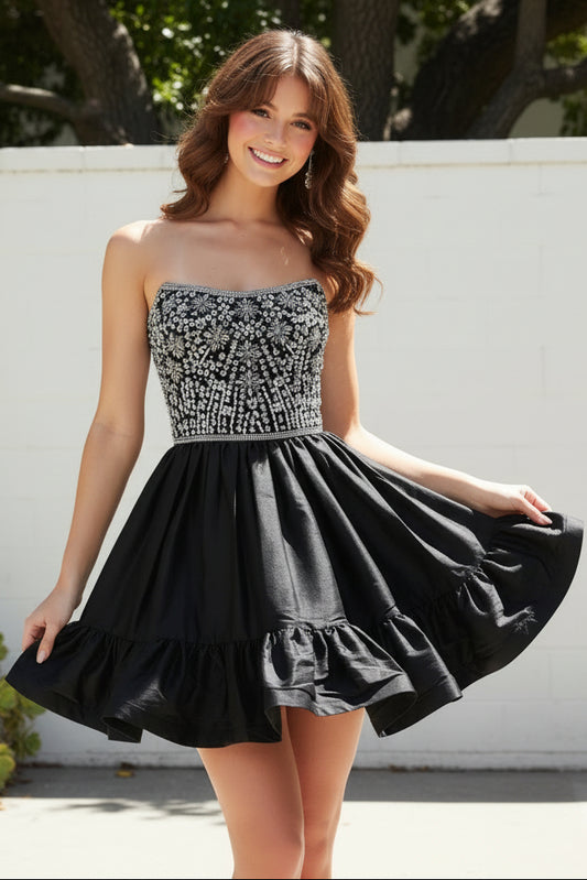 Strapless Beaded Corset Taffeta Mini Dress