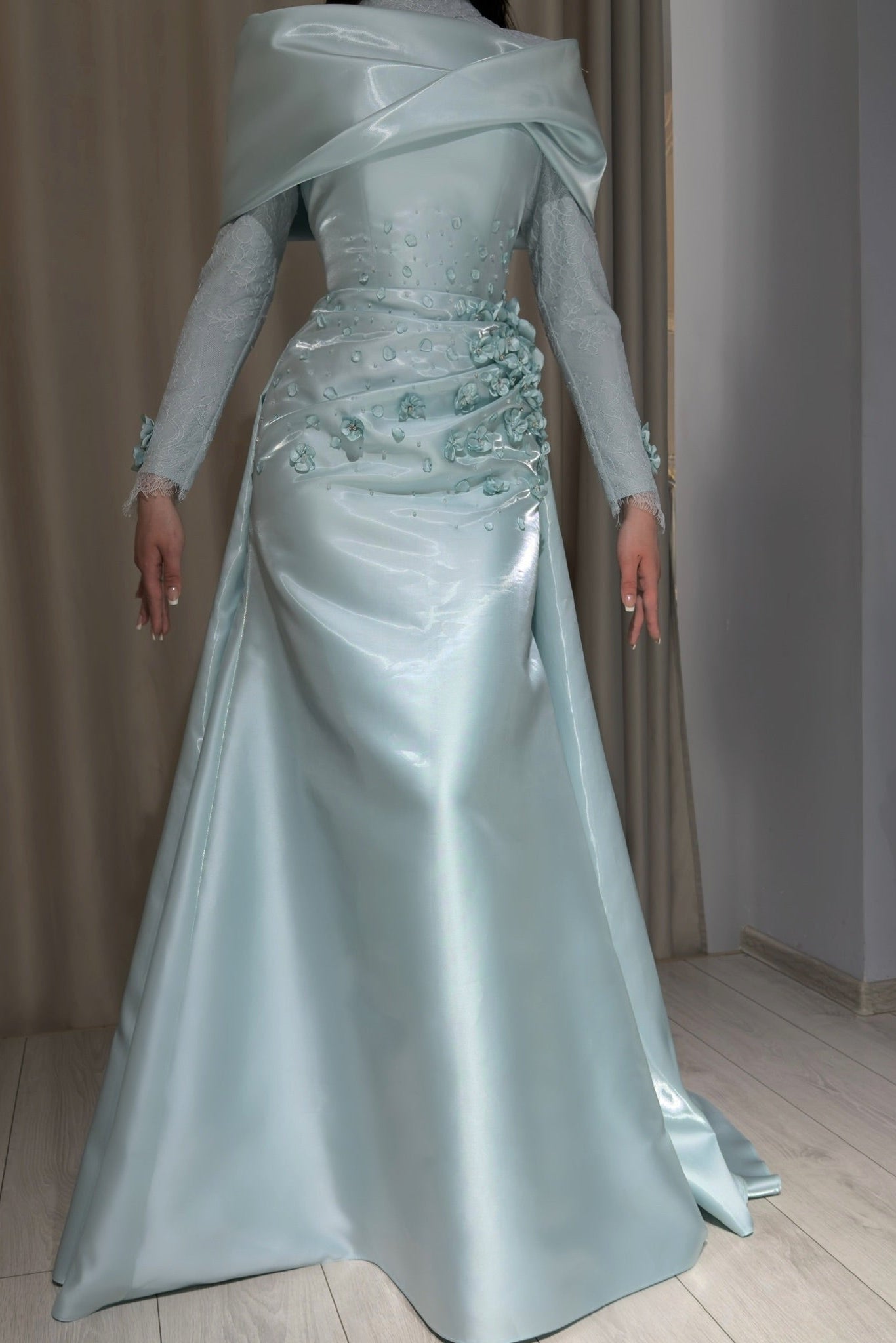 High Neck Satin Evening Gown with 3D Flowers