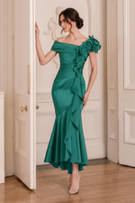 Asymmetrical Satin Midi Dress with 3D Flowers