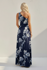 One-Shoulder Floral Print A-Line Maxi Dress
