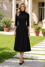 High-Neck Midi Dress with Asymmetric Pleating