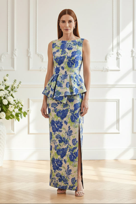 Sleeveless Floral Jacquard Peplum Maxi Dress
