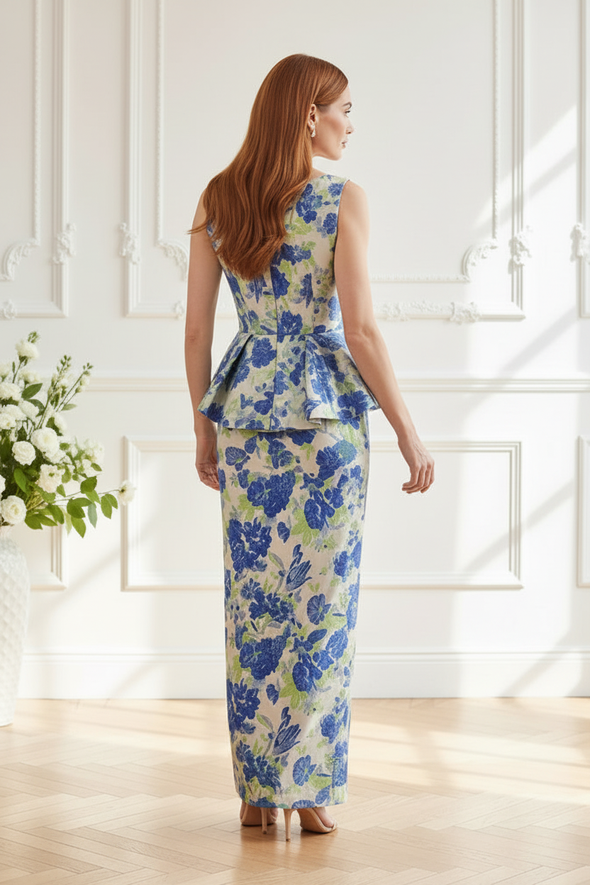 Sleeveless Floral Jacquard Peplum Maxi Dress