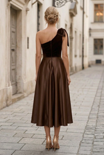 One-Shoulder Bow Midi Dress with Velvet Bodice
