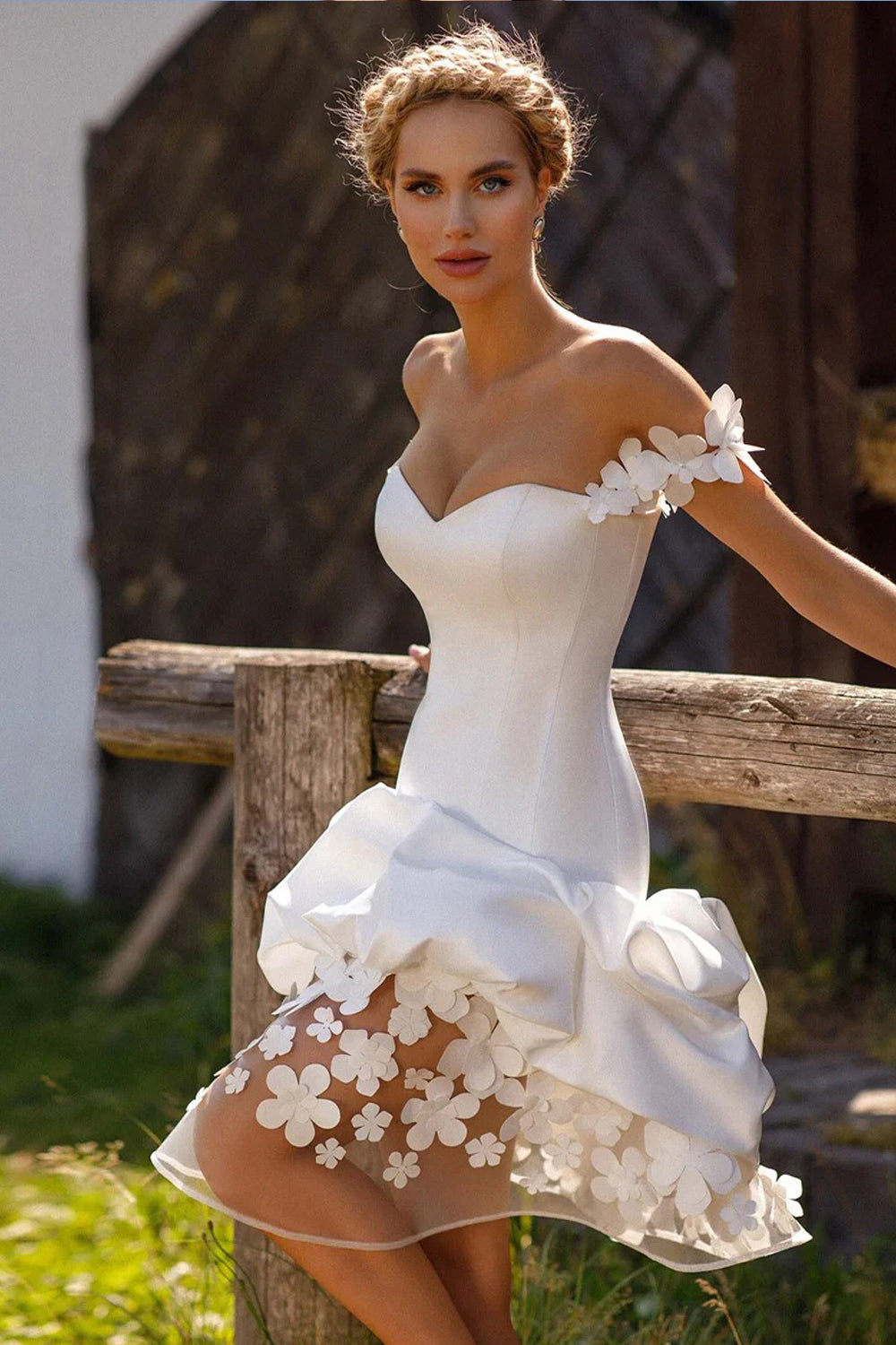 Off-the-Shoulder Sweetheart Bubble Skirt Wedding Dress