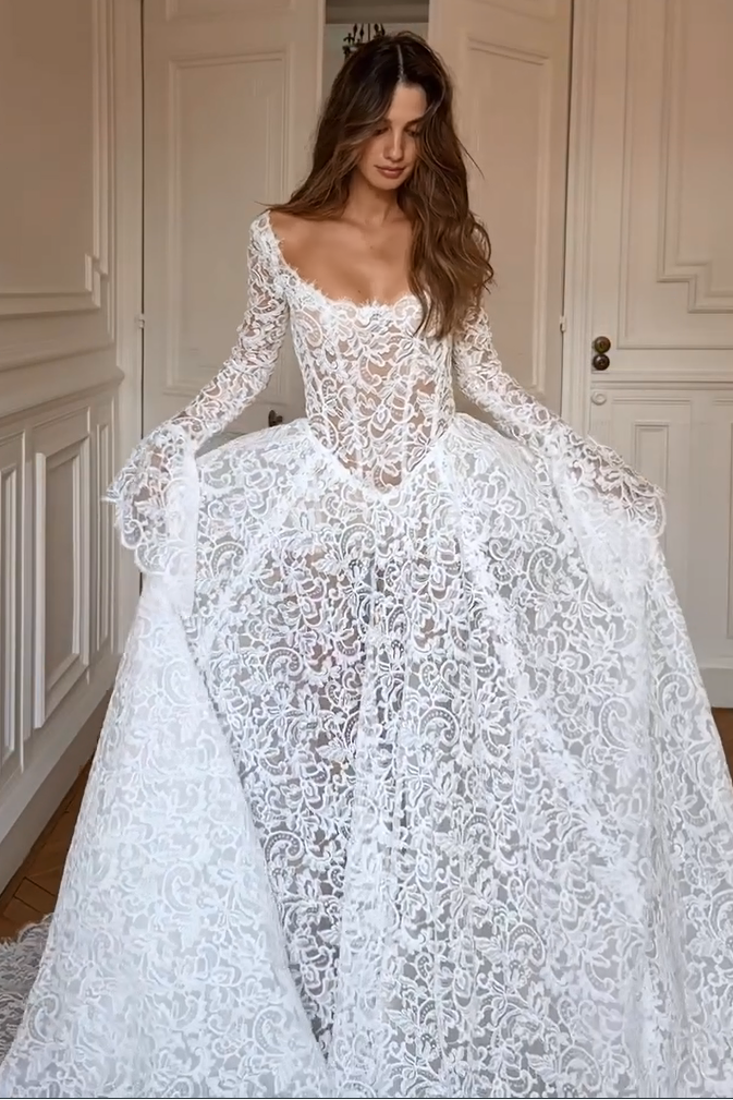 Lace Ball Gown Wedding Dress with Long Sleeves
