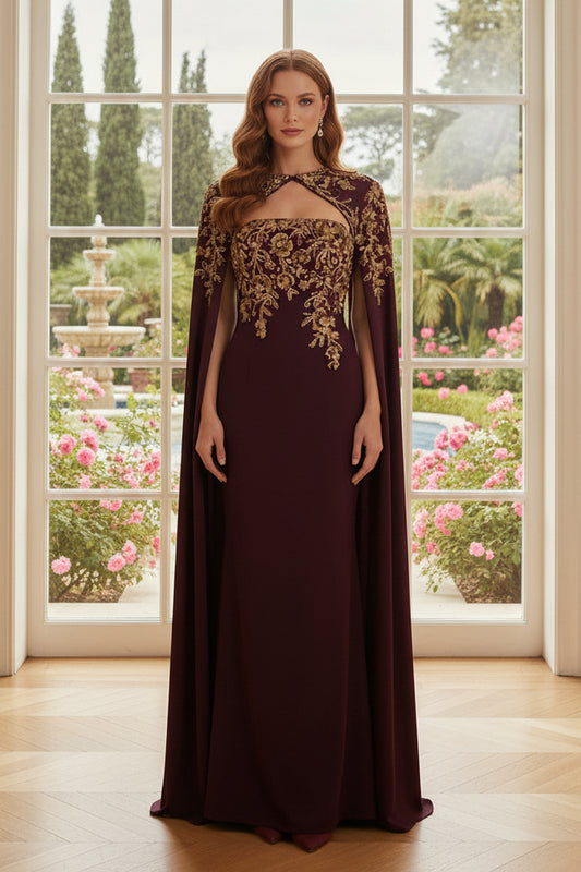 Embroidered Cape Sleeve Evening Gown with Keyhole Neckline