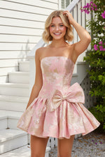 Strapless Jacquard Fit and Flare Mini Dress with Bow