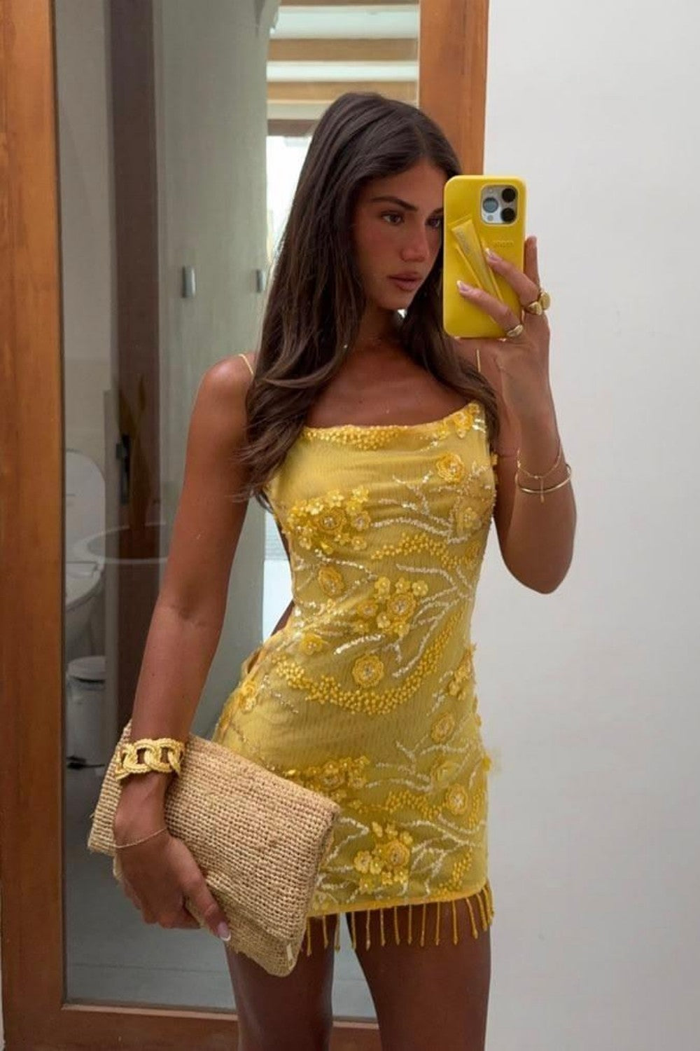 3D Floral Applique Beaded Mini Dress with Fringe