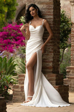 Cowl Neck Crepe Wedding Dress with High Slit