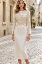 Tweed Peplum Midi Dress with Long Sleeves