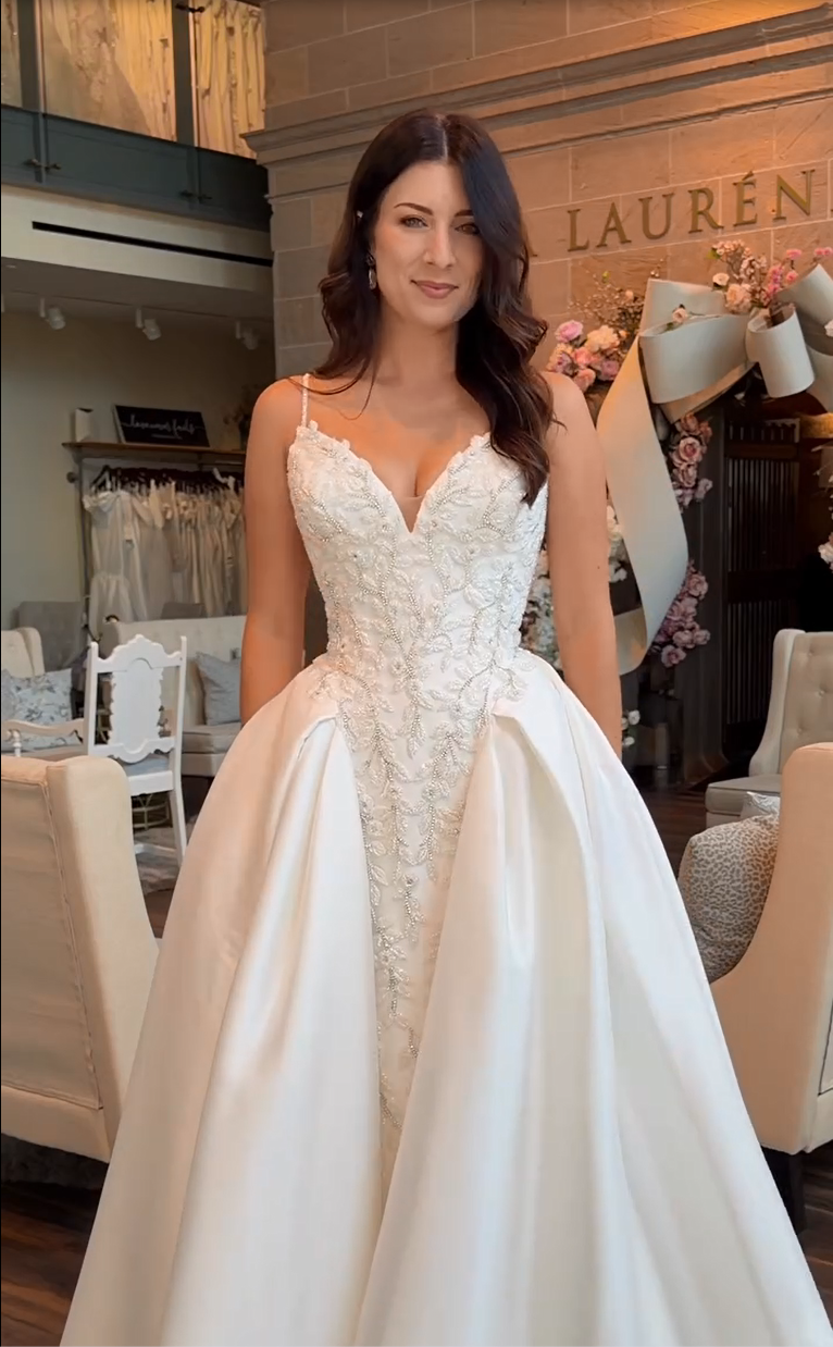 Embroidered Beaded Bodice Satin Ball Gown Wedding Dress