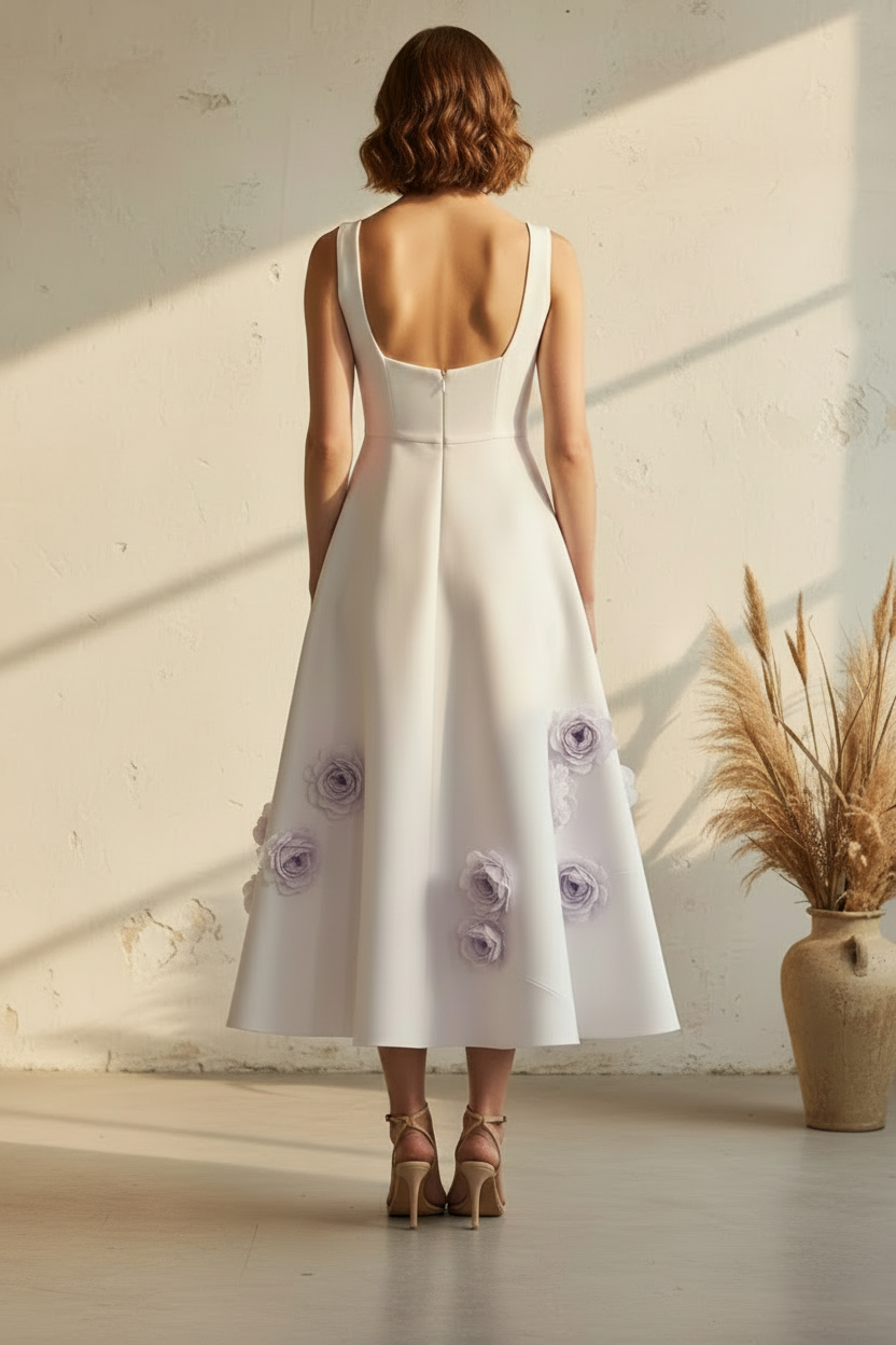 Elegant Square Neck 3D Floral Midi Dress with Pockets