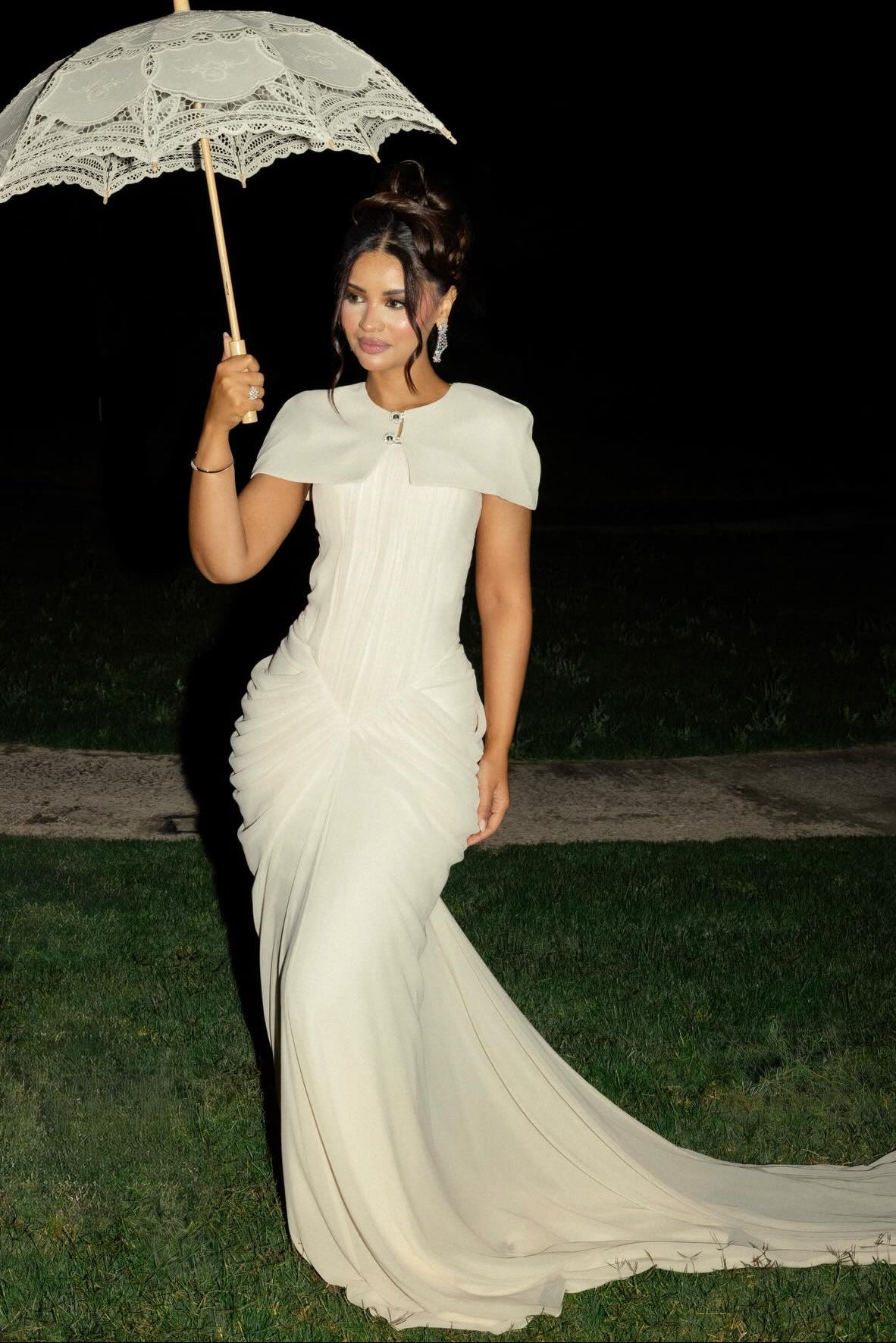 Elegant Ruched Corset Evening Gown with Cape