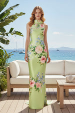 Floral Print Halter Column Gown with Back Bow