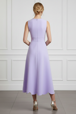 Lilac Scalloped V-Neck Midi Dress with Bow Belt