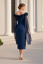 Off Shoulder 3D Floral Midi Dress with Draped Sleeves