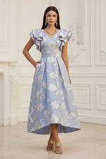Floral Jacquard Ruffle Sleeve High-Low Dress
