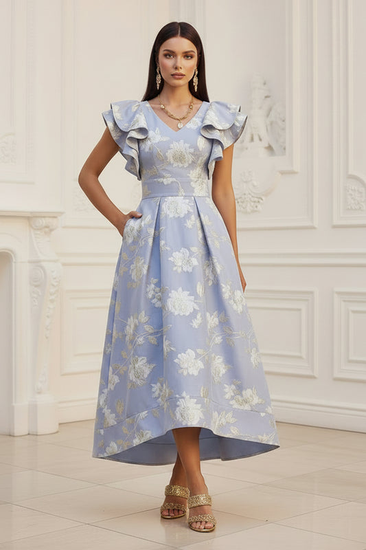 Floral Jacquard Ruffle Sleeve High-Low Dress