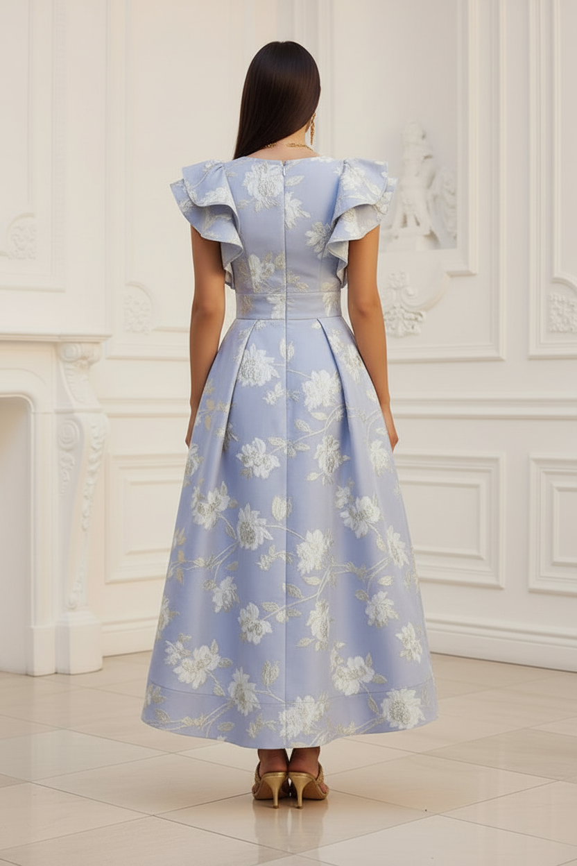 Floral Jacquard Ruffle Sleeve High-Low Dress