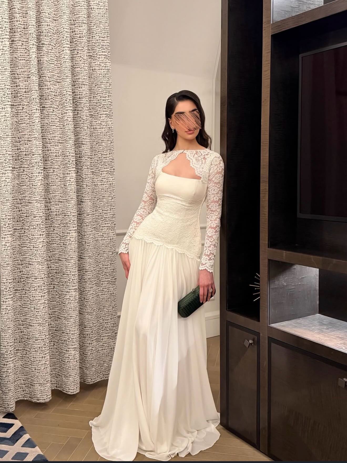 Long Sleeve Lace Square Neck A-Line Wedding Dress