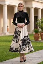 Pleated Velvet Bodice Floral Midi A-Line Dress