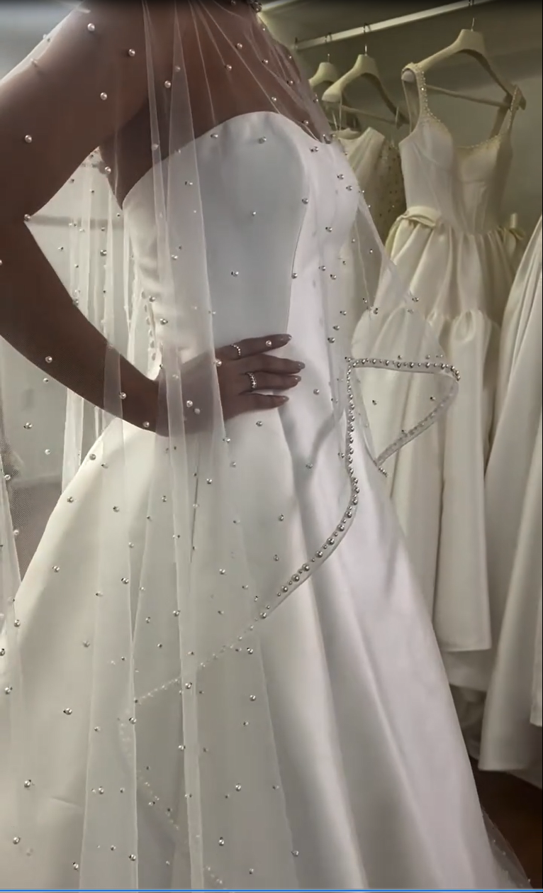 Strapless Satin Wedding Dress with Pearl Tulle Cape
