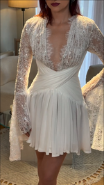 Sequined Lace Deep V Mini Dress with Flared Sleeves