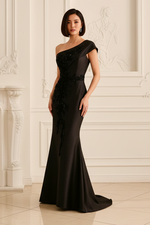 One-Shoulder Beaded Mermaid Evening Gown