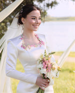 Embroidered Square Neck Long Sleeve Wedding Dress