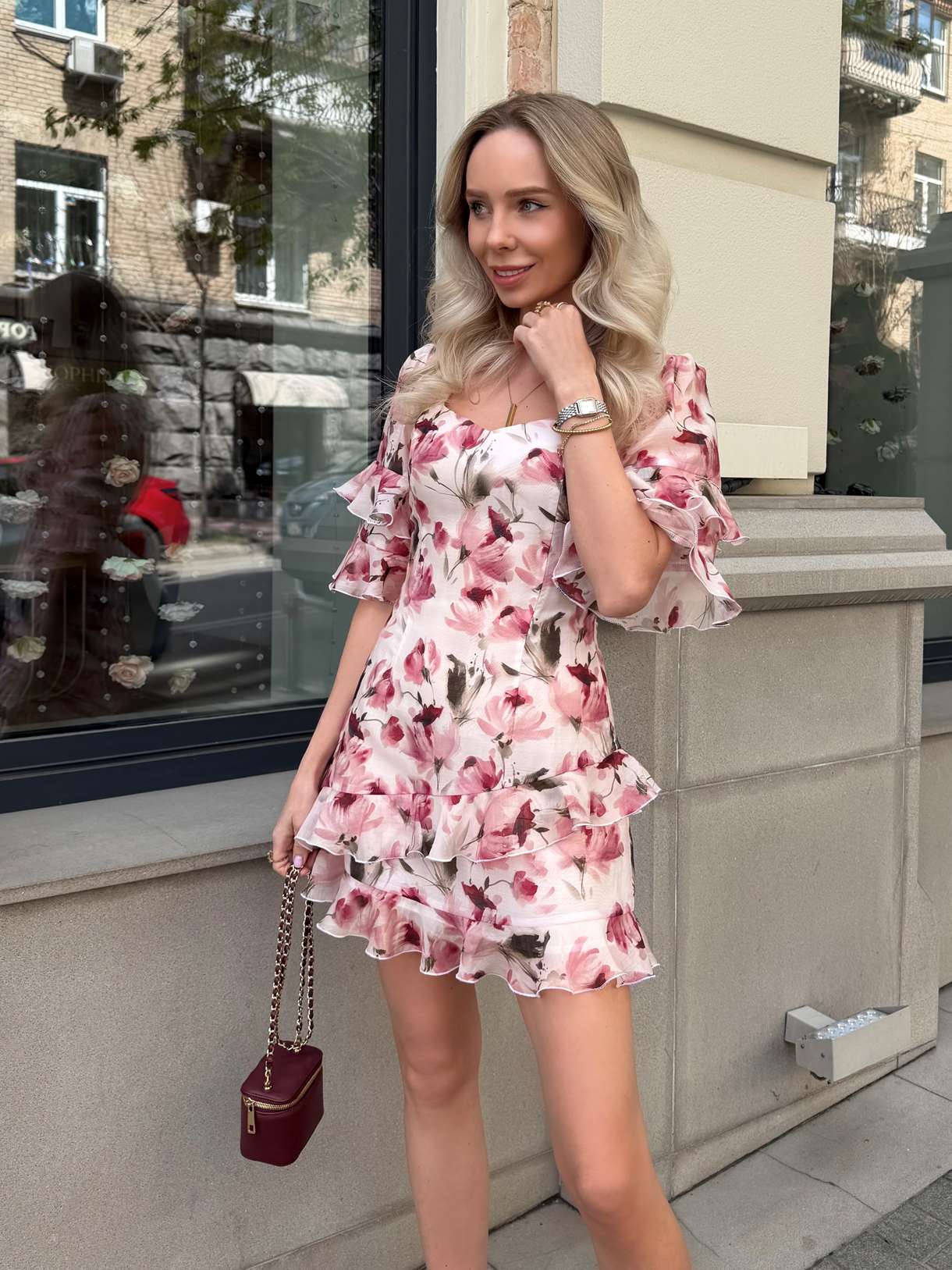 Sweetheart Tiered Ruffle Floral Mini Dress