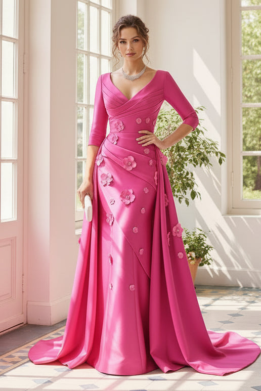 Floral Applique Satin Evening Gown