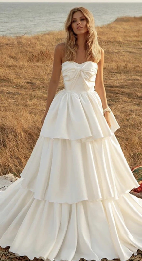 Strapless Tiered Satin Ball Gown Wedding Dress