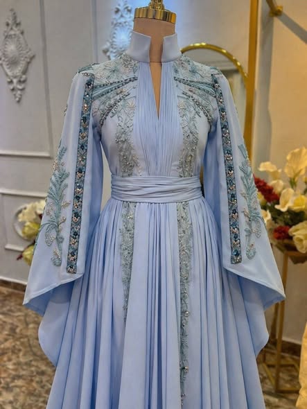Embroidered Bell Sleeve Pleated Formal Evening Gown
