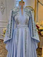 Embroidered Bell Sleeve Pleated Formal Evening Gown