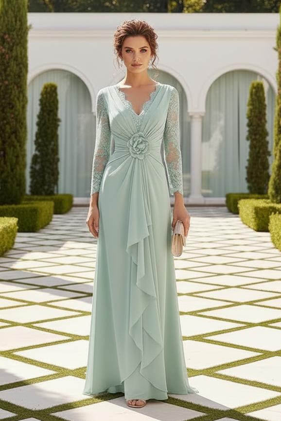Lace-Sleeve Ruched Gown with 3D Flower Detail