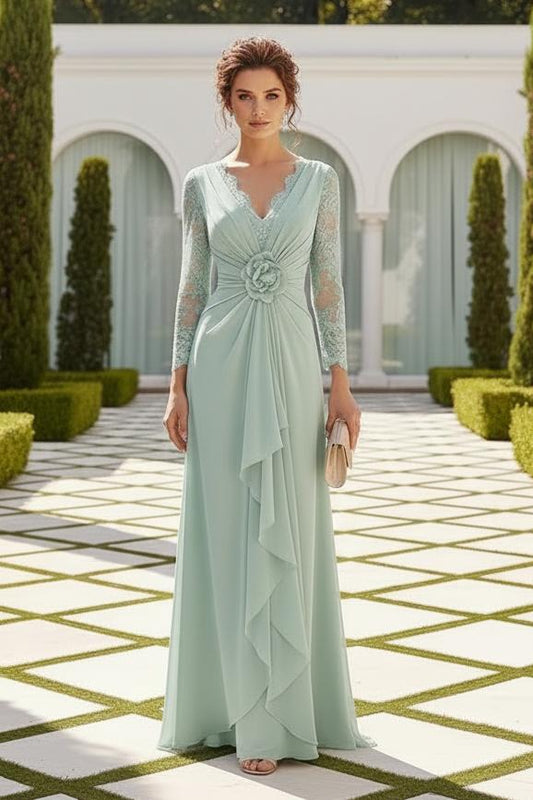 Lace-Sleeve Ruched Gown with 3D Flower Detail
