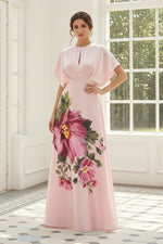 Floral Print Satin A-Line Maxi Dress Cape Sleeves