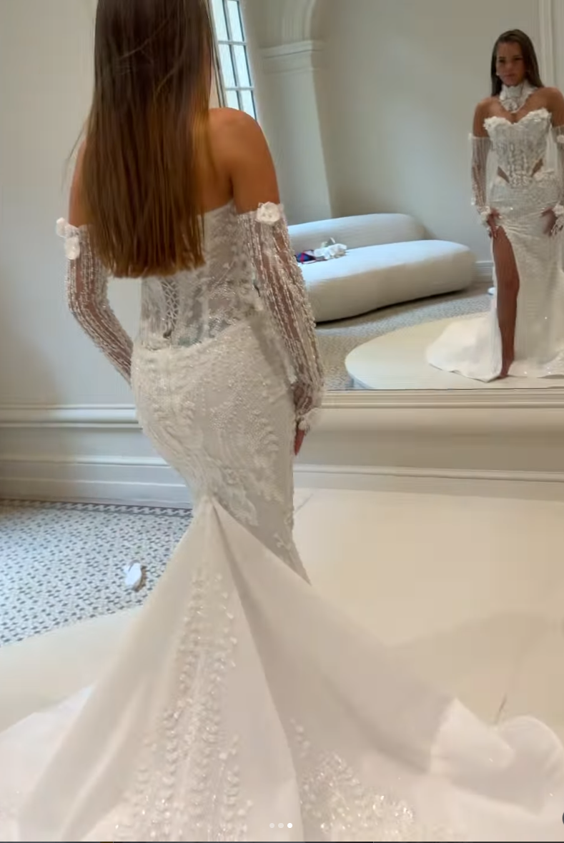 Beaded Corset Mermaid Wedding Dress with High Slit