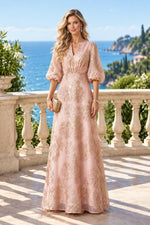 Metallic Floral Maxi Dress with Balloon Sleeves