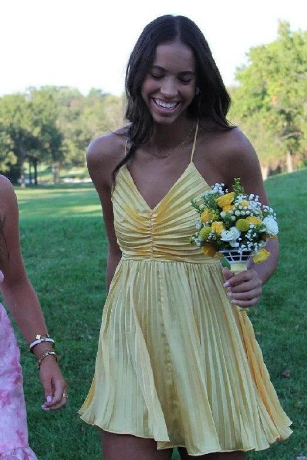 Pleated Cut-Out Mini Dress with Crisscross Back