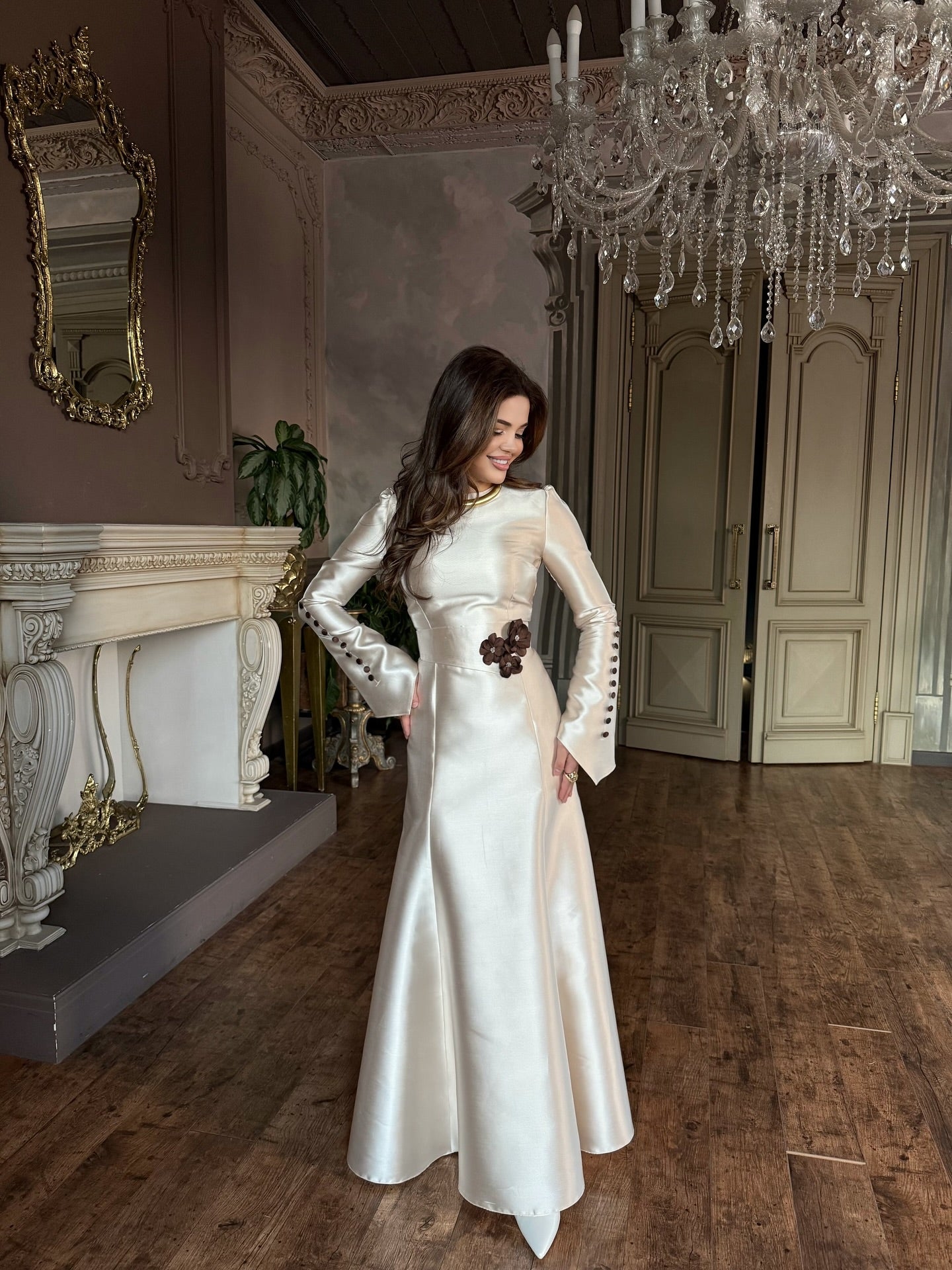 Long Sleeve Satin Evening Gown with Corset Back
